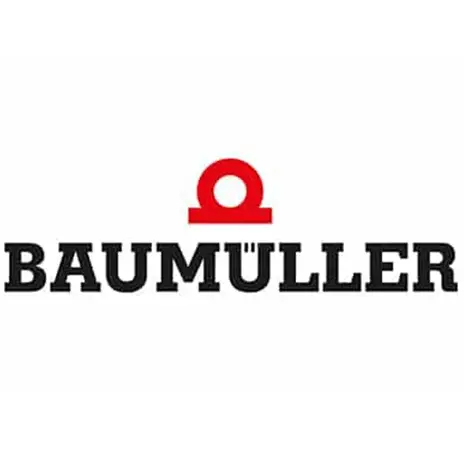 Das Baumüller-Logo mit dem Firmennamen in fetten schwarzen Buchstaben und einem roten kreisförmigen Symbol über dem Text.