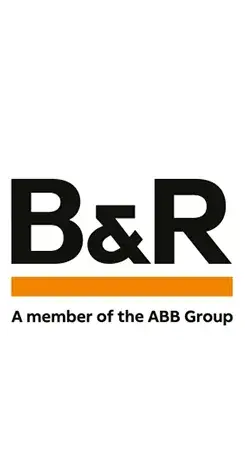 B&R-Logo mit einem fettgedruckten schwarzen „B&R“ über einer orangefarbenen Linie und dem Text „Ein Unternehmen der ABB-Gruppe“ darunter.