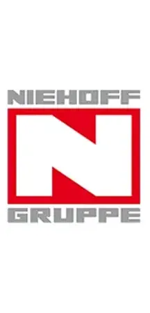 Das Logo der Niehoff-Gruppe mit einem großen weißen „N“ in einem roten Quadrat sowie den Worten „NIEHOFF“ oben und „GRUPPE“ unten in grauen, fetten Großbuchstaben auf weißem Hintergrund.