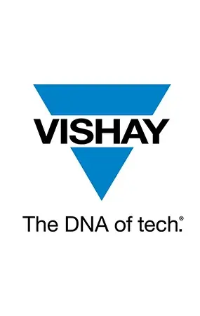Das Vishay-Logo mit einem blauen, nach unten zeigenden Dreieck über dem Wort „VISHAY“ in schwarzer Schrift und dem Slogan „The DNA of tech.“ darunter.
