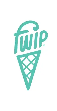 Türkisfarbenes Logo mit dem Wort „Twip“, das als Eistüte stilisiert ist, wobei der Text die Spitze bildet und darunter ein Tütenmuster zu sehen ist.