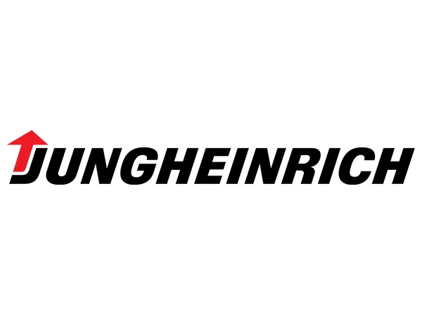 Das Jungheinrich-Logo mit fetter schwarzer Schrift und einem roten, nach oben zeigenden Pfeil, der den Punkt über dem Buchstaben „J“ ersetzt, auf weißem Hintergrund.