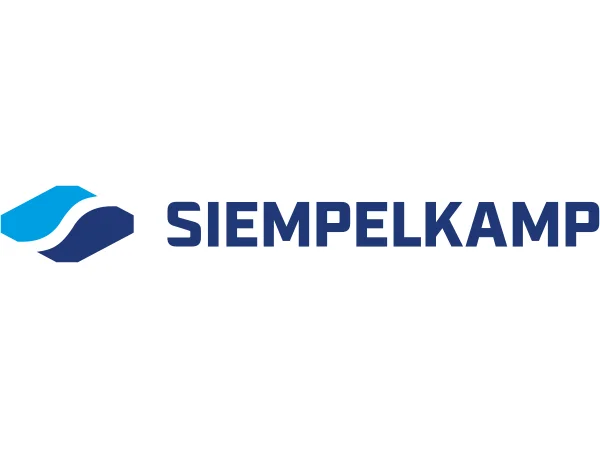 Siempelkamp-Logo mit geometrischen blauen Formen auf der linken Seite und dem Firmennamen „SIEMPELKAMP“ in fetten blauen Großbuchstaben auf der rechten Seite.