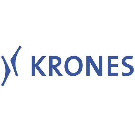 Blaues Krones-Logo mit abstraktem Motiv auf der linken Seite und dem Schriftzug „KRONES“ in Großbuchstaben auf der rechten Seite, vor weißem Hintergrund.