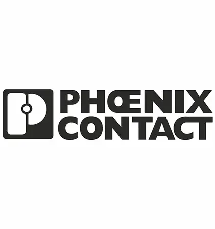 Das Phoenix Contact-Logo mit einem stilisierten „P“-Symbol auf der linken Seite und dem Firmennamen in fetten schwarzen Buchstaben auf der rechten Seite.