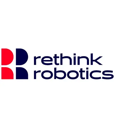 Das Logo von Rethink Robotics mit abstrakten Formen in Rot und Marineblau auf der linken Seite und dem Firmennamen in marineblauer Schrift auf der rechten Seite.
