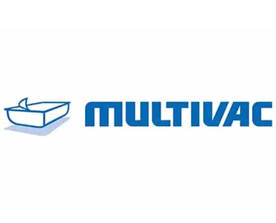 Das Multivac-Logo zeigt links den blauen Umriss einer Lebensmittelschale mit Deckel und rechts den Schriftzug „MULTIVAC“ in fetten blauen Großbuchstaben.