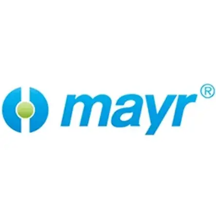 Blaues „mayr“-Logo mit einem stilisierten kreisförmigen Symbol in Blau und Grün auf der linken Seite und einem Symbol für ein eingetragenes Warenzeichen oben rechts.