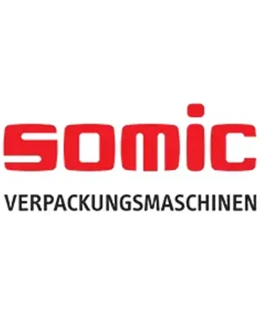 Logo mit dem Wort „somic“ in fetten roten Buchstaben über dem Schriftzug „VERPACKUNGSMASCHINEN“ in schwarzen Großbuchstaben auf weißem Hintergrund.