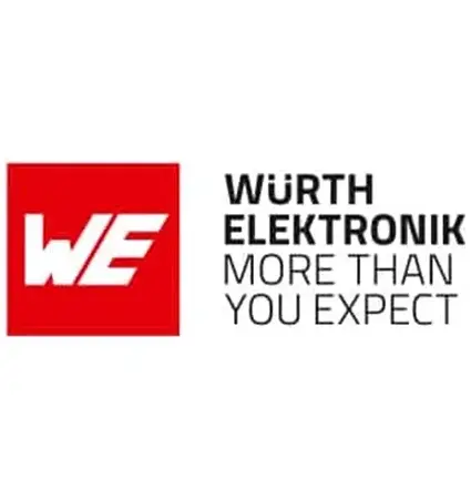 Das Logo von Würth Elektronik mit einem roten Quadrat, in dem „WE“ und der Text „WÜRTH ELEKTRONIK MORE THAN YOU EXPECT“ in Schwarz auf weißem Hintergrund zu sehen sind.